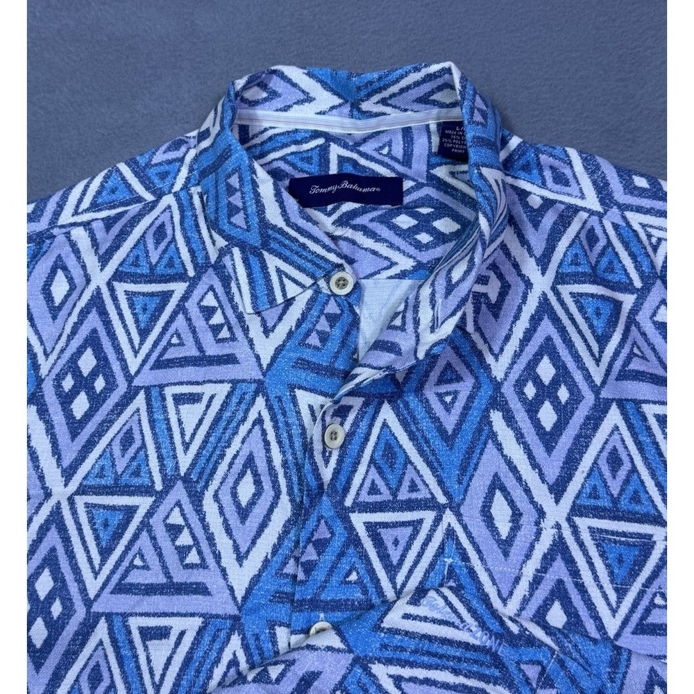 Tommy Bahama Shirt Mens L IslandZone Silk Blend Geometric White Blue Normcore